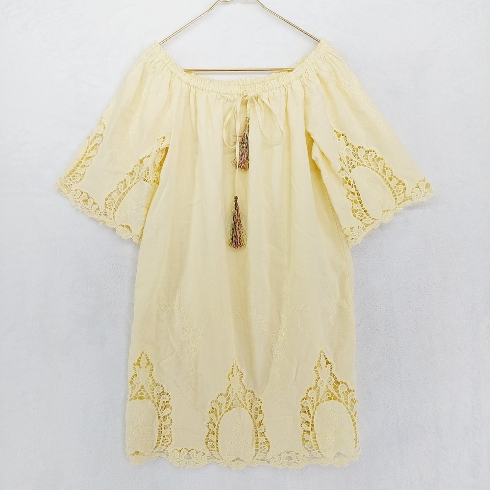 Penelope Rose Yellow Short Sleeve Boat Neck Tie Tunic Blouse 5137